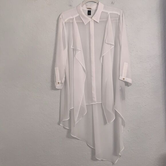 Chico’s Black Label Elegant Woven White Asymmetrical  Blouse Size 2/12 - Picture 1 of 14